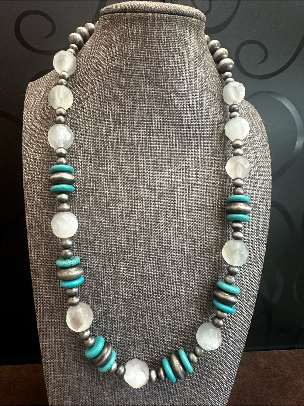 Turquoise & White Beaded Necklace with Silver Accents